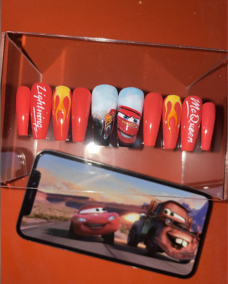 Press-on nail art inspired by the Pixar movie, Cars.
