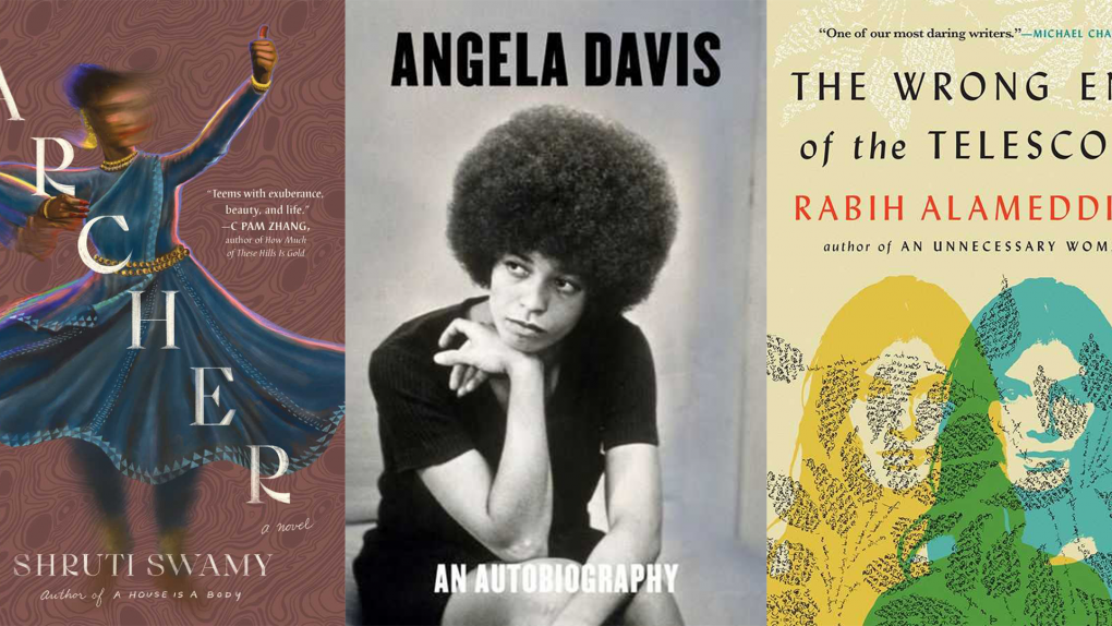 A collage of covers for Shruti Swamy’s "The Archer," the third edition of Angela Davis' Autobiography, and Rabih Alameddine's "The Wrong End of the Telescope."