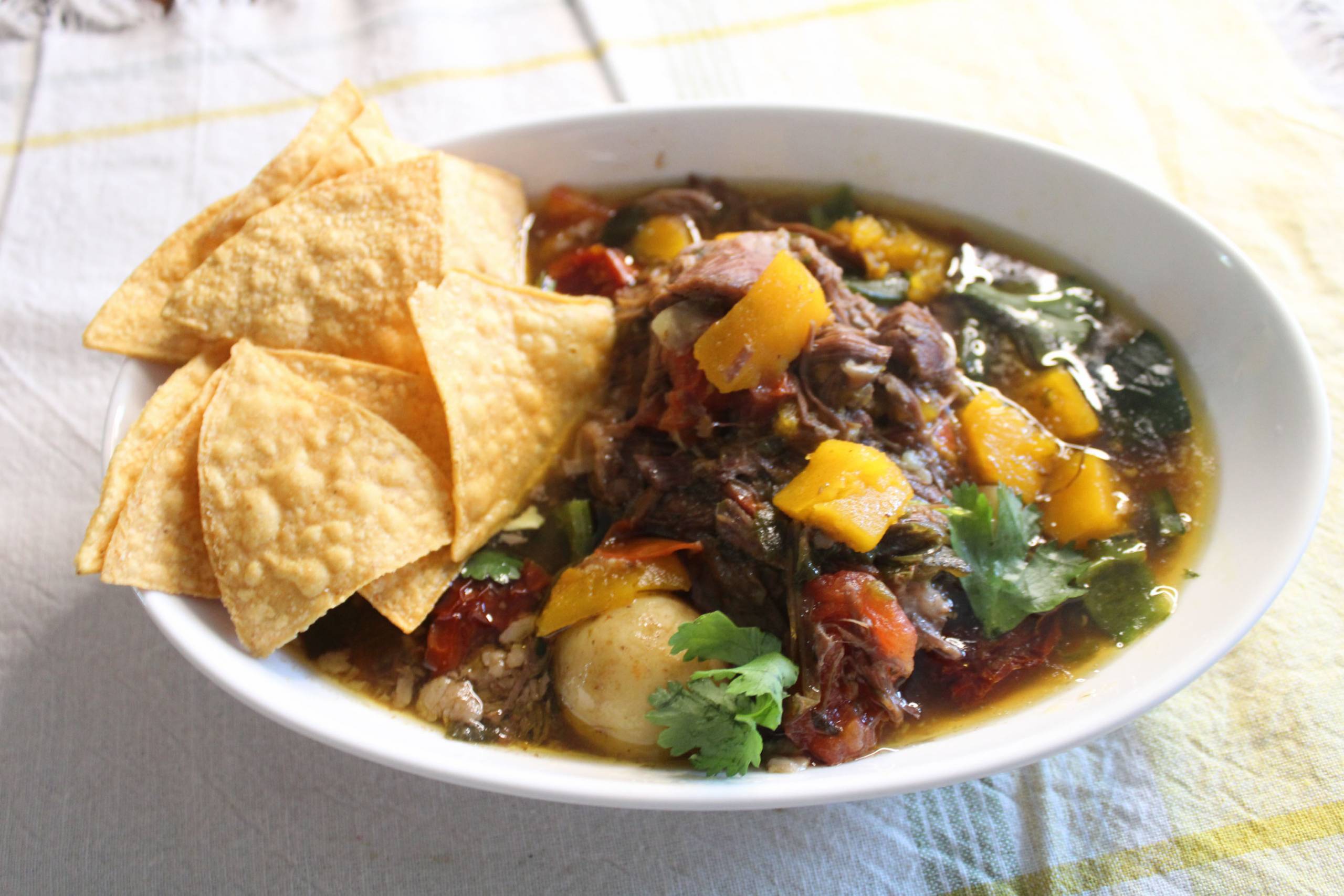 A bowl of meat stew topped with tortilla chips.