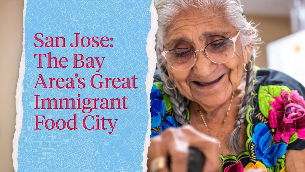 Close up of an older Latina womans face as she grinds chiles in a molcajete; the text on the left reads, "San Jose: The Bay Area's Great Immigrant Food City."