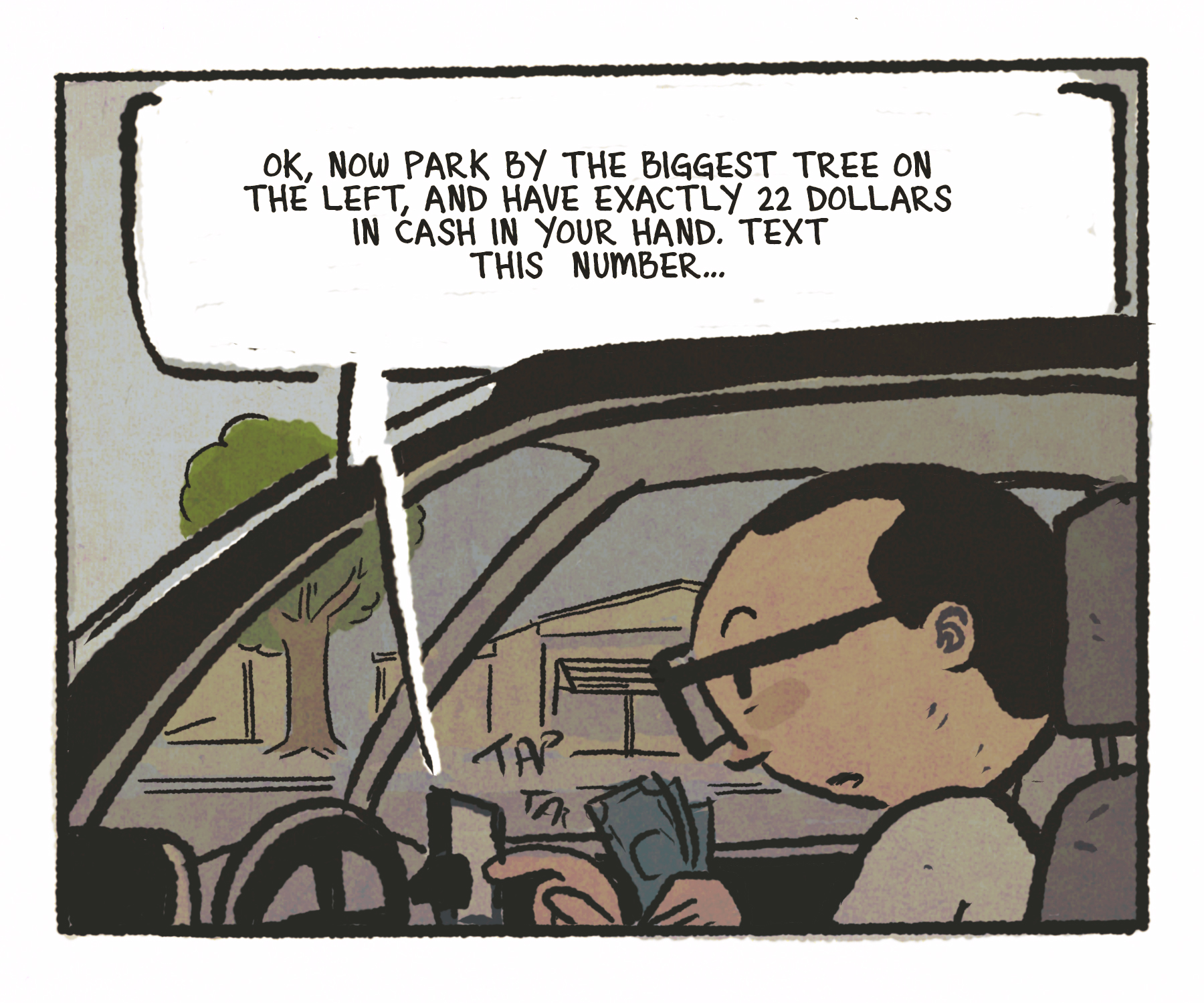 Comics panel: The man is sitting in his parked car, tapping on his cellphone. Speech bubble: "Ok, now park by the biggest tree on the left and have exactly 22 dollars in cash in your hand. Text this number..."