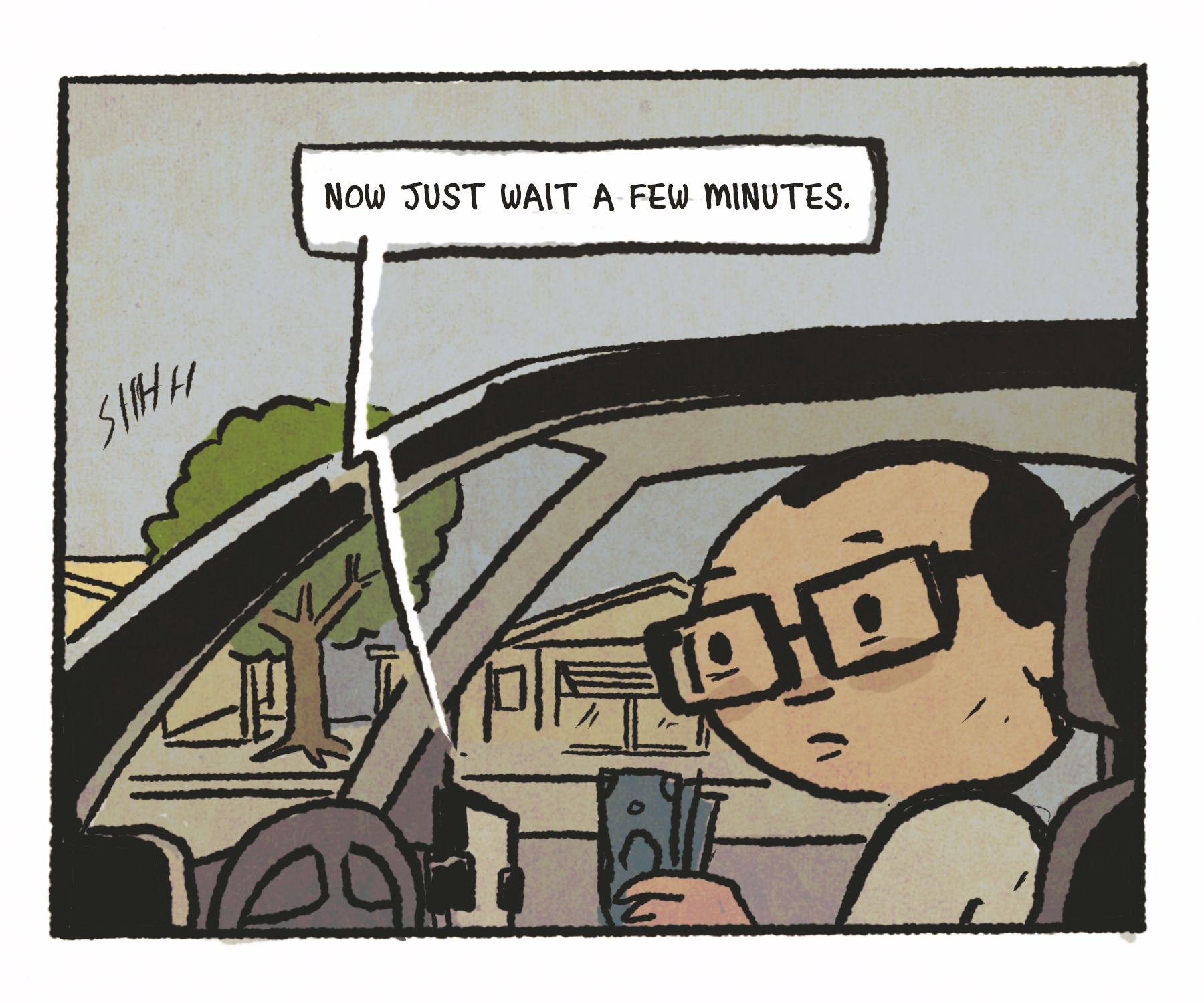 Comics panel: The man continues to wait inside his parked car. Speech bubble: "Now just wait a few minutes."