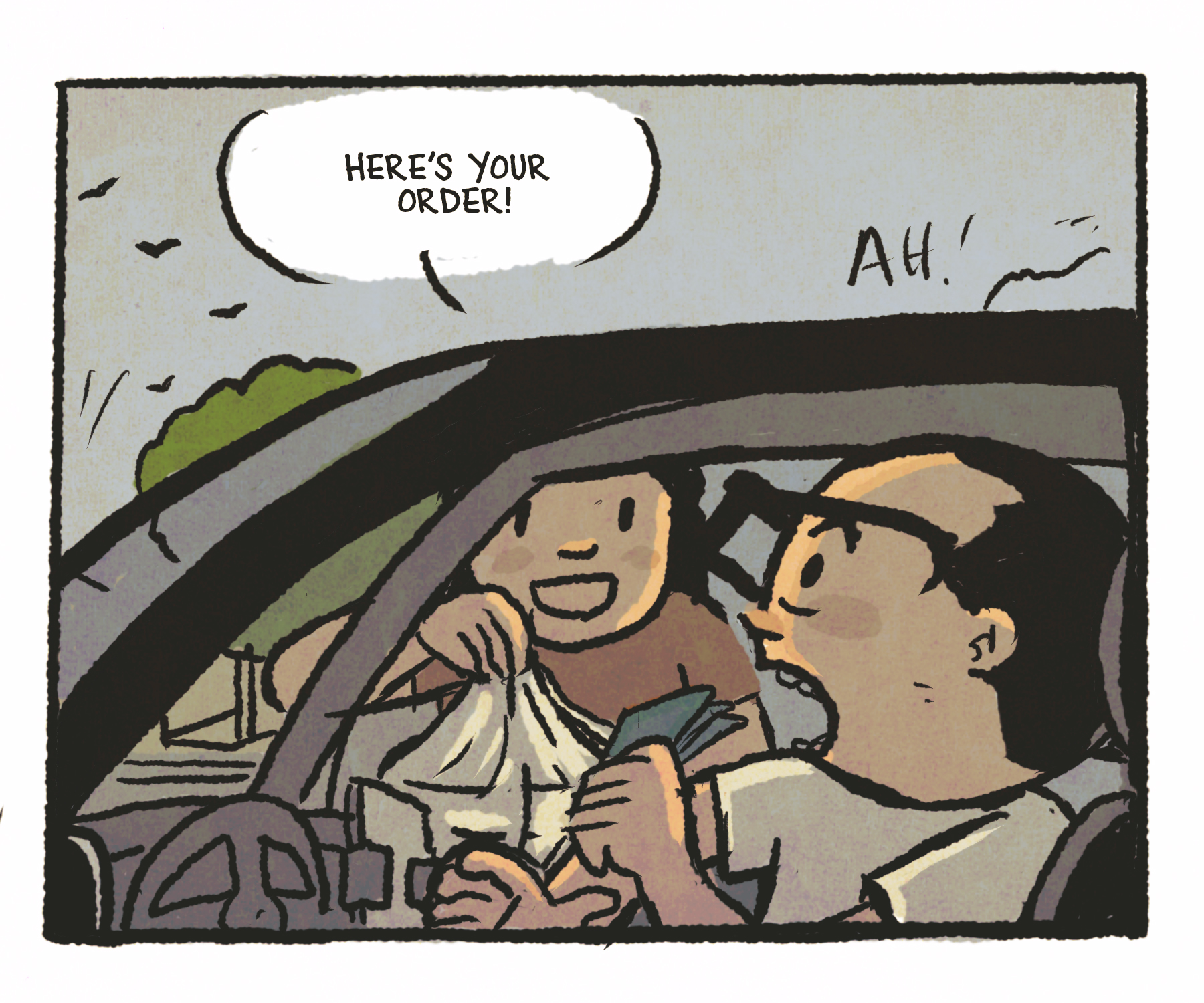Comics panel: The man sitting in his car is surprised by a woman who shows up at the passenger's side window. Speech bubble: "Here's your order!"