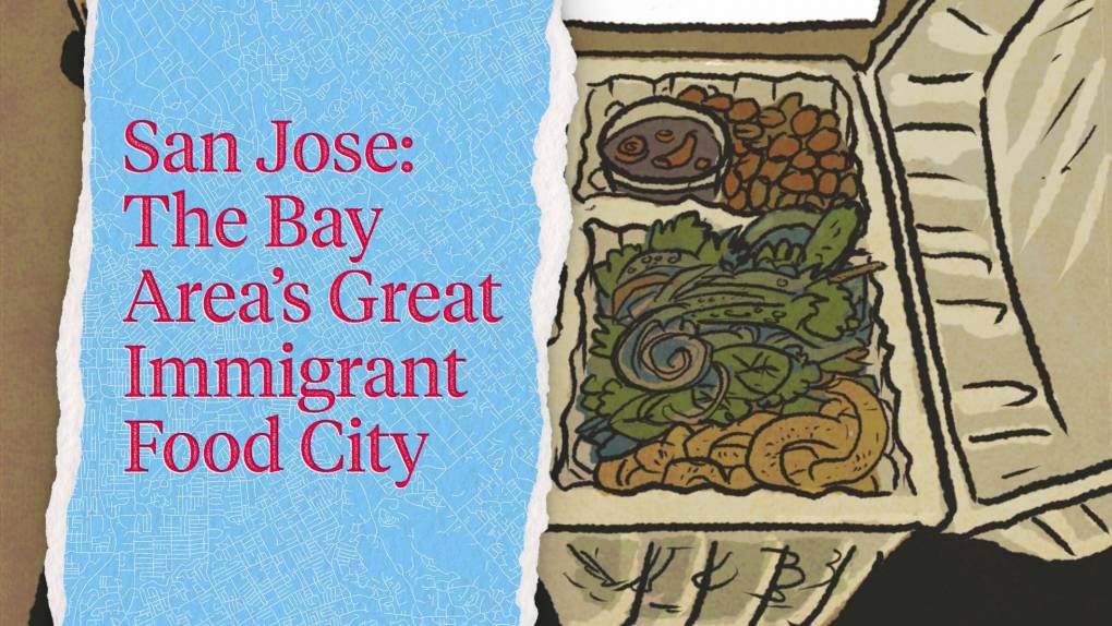 An illustration of a Vietnamese takeout meal with fresh herbs and peanuts. To the left, the text reads, "San Jose: The Bay Area's Great Immigrant Food City."