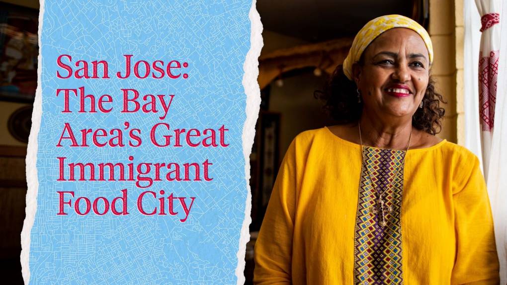 A woman in a bright yellow dress poses for a portrait inside her restaurant. Text to the left reads, "San Jose: The Bay Area's Great Immigrant Food City."