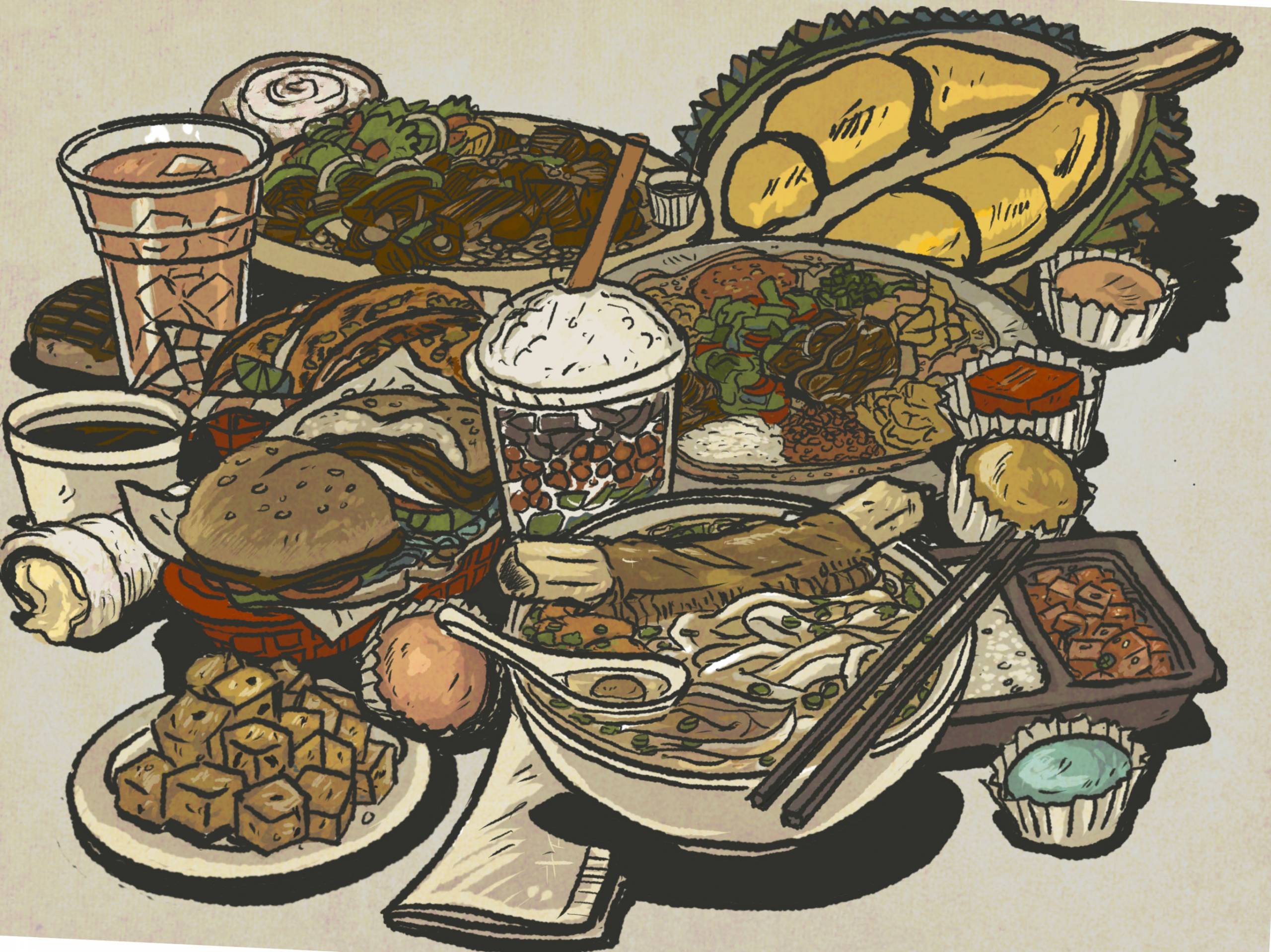 An illustration of a spread of various international foods: a bowl of pho, a torta, an Ethiopian veggie combo plate, the cross section of a durian and so forth.
