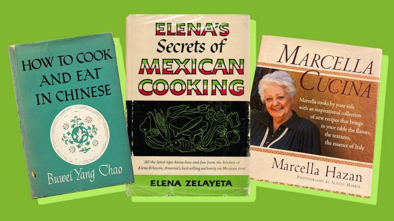Three cookbook covers on a green background.
