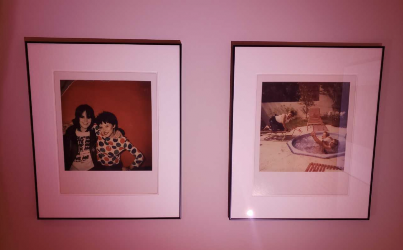 Two framed photos hang on a pink wall. One shows Joan Jett and Gina Schock in the '80s, smiling with their arms around each other. The other shows The Go-Go's horsing around in a hot tub.