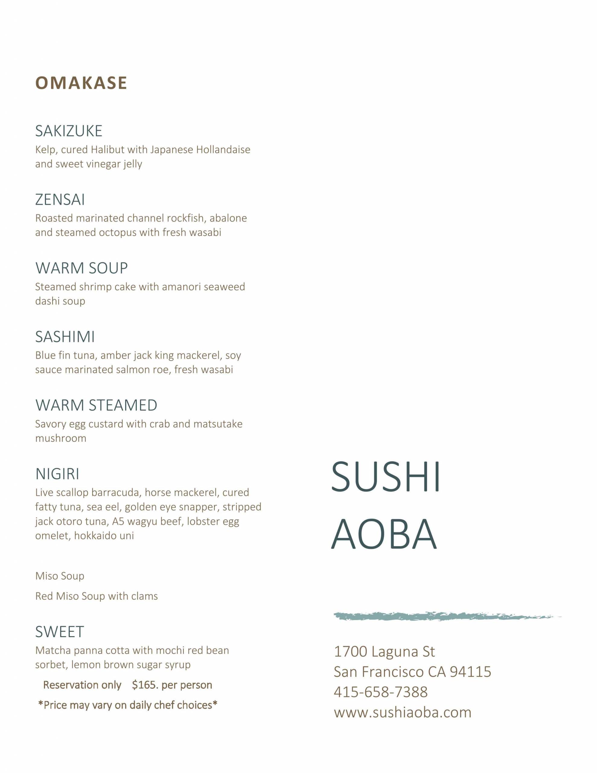 The menu for Sushi Aoba.