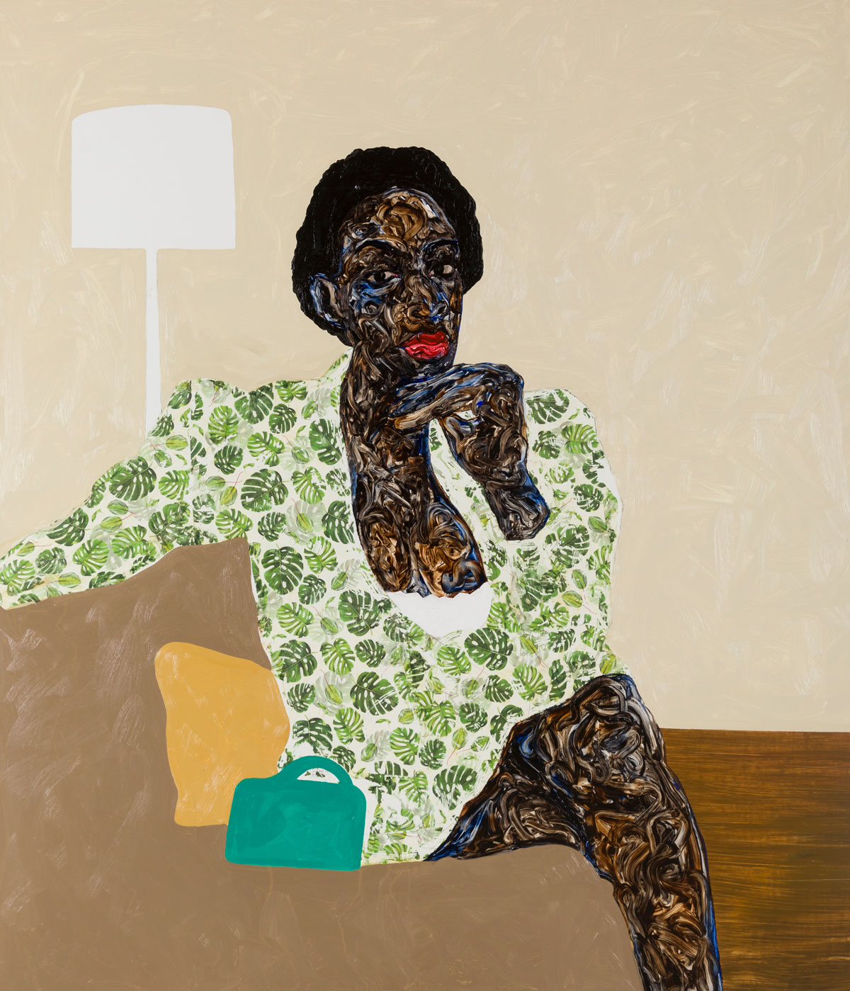 Painting of dark-skinned woman on a tan couch.