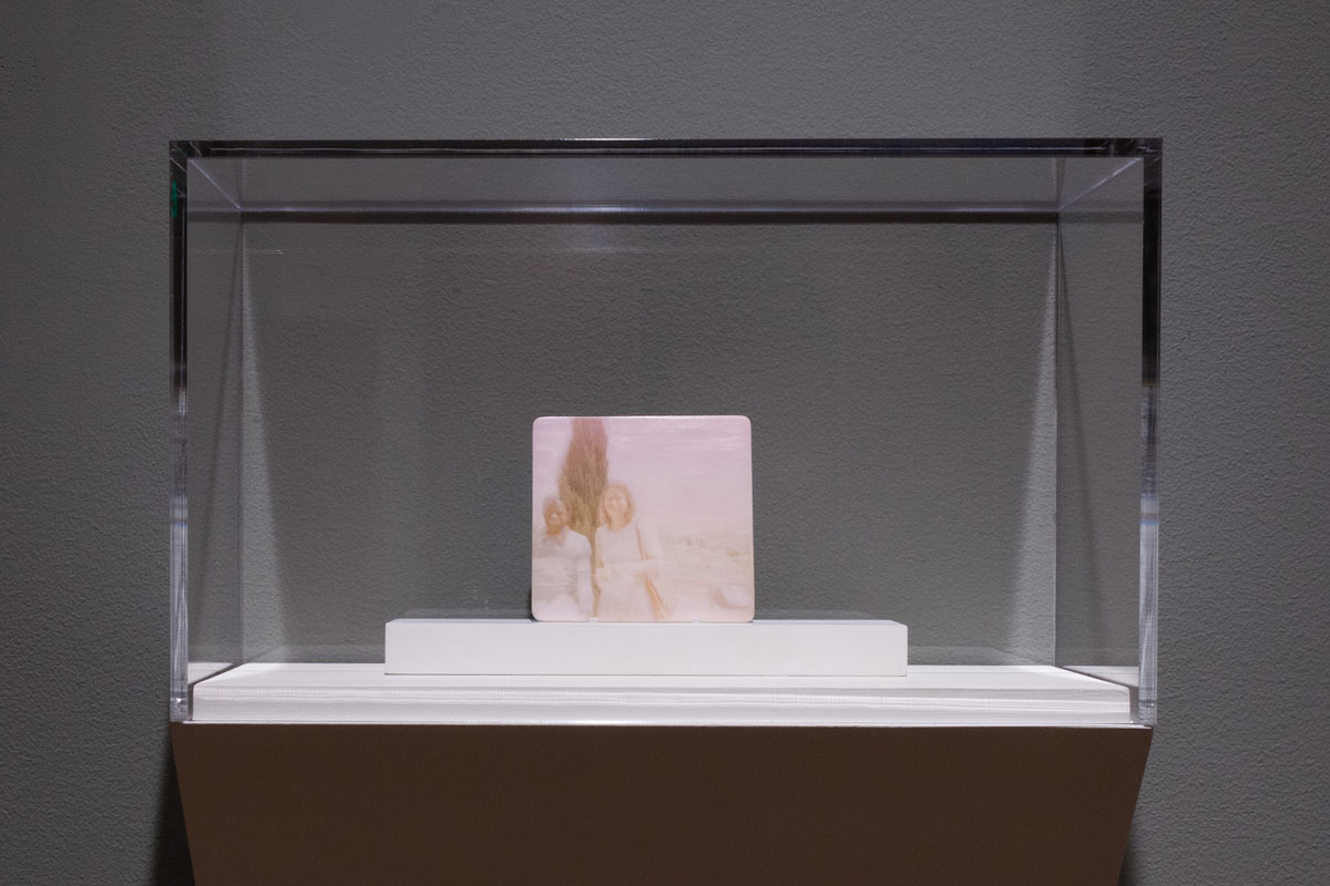A painting of a blurry photograph under a plexi vitrine.