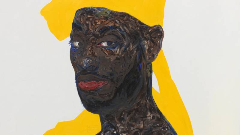 Painting of dark-skinned man in yellow do-rag.