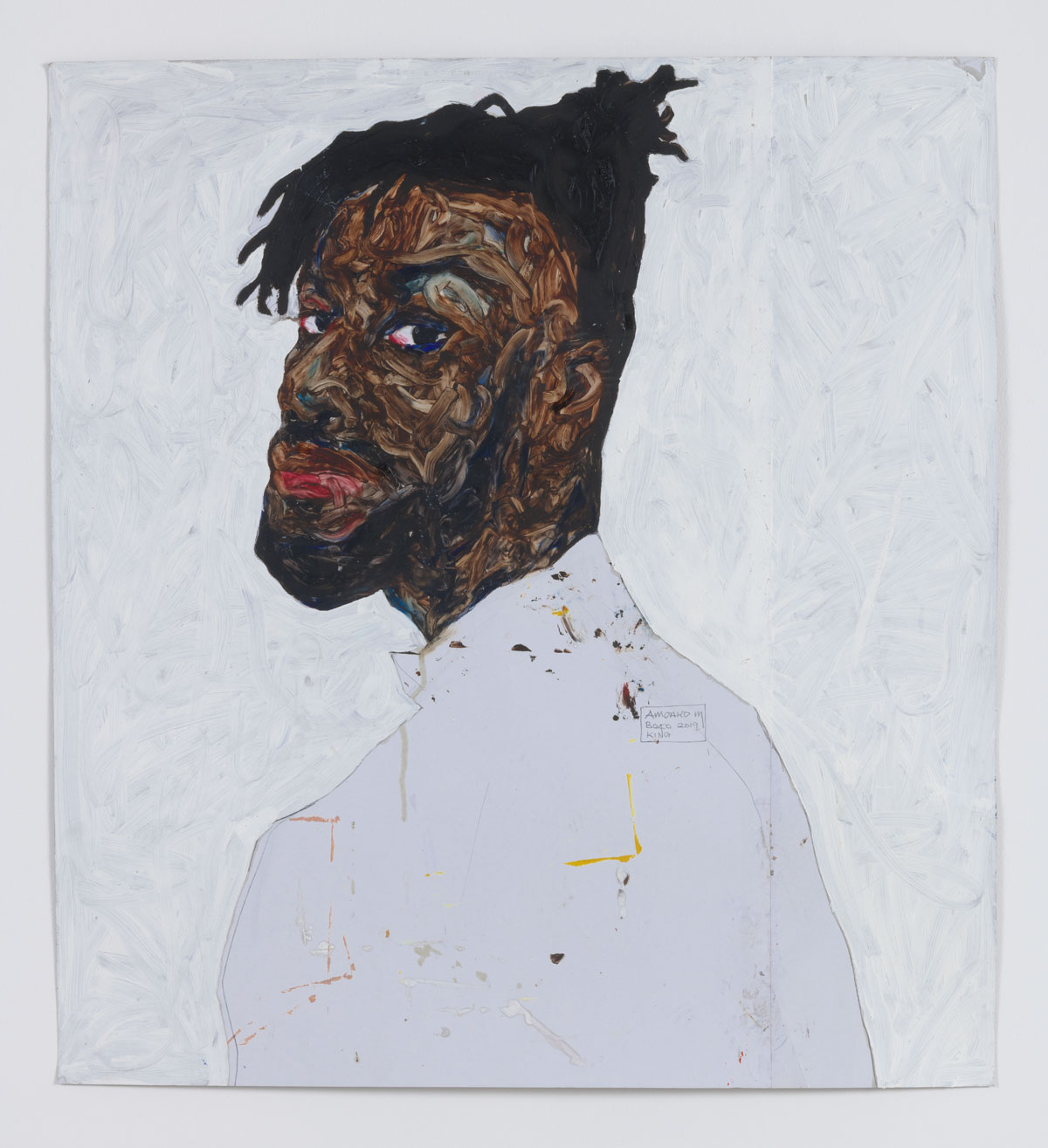 Painting of dark-skinned man in white turtleneck.