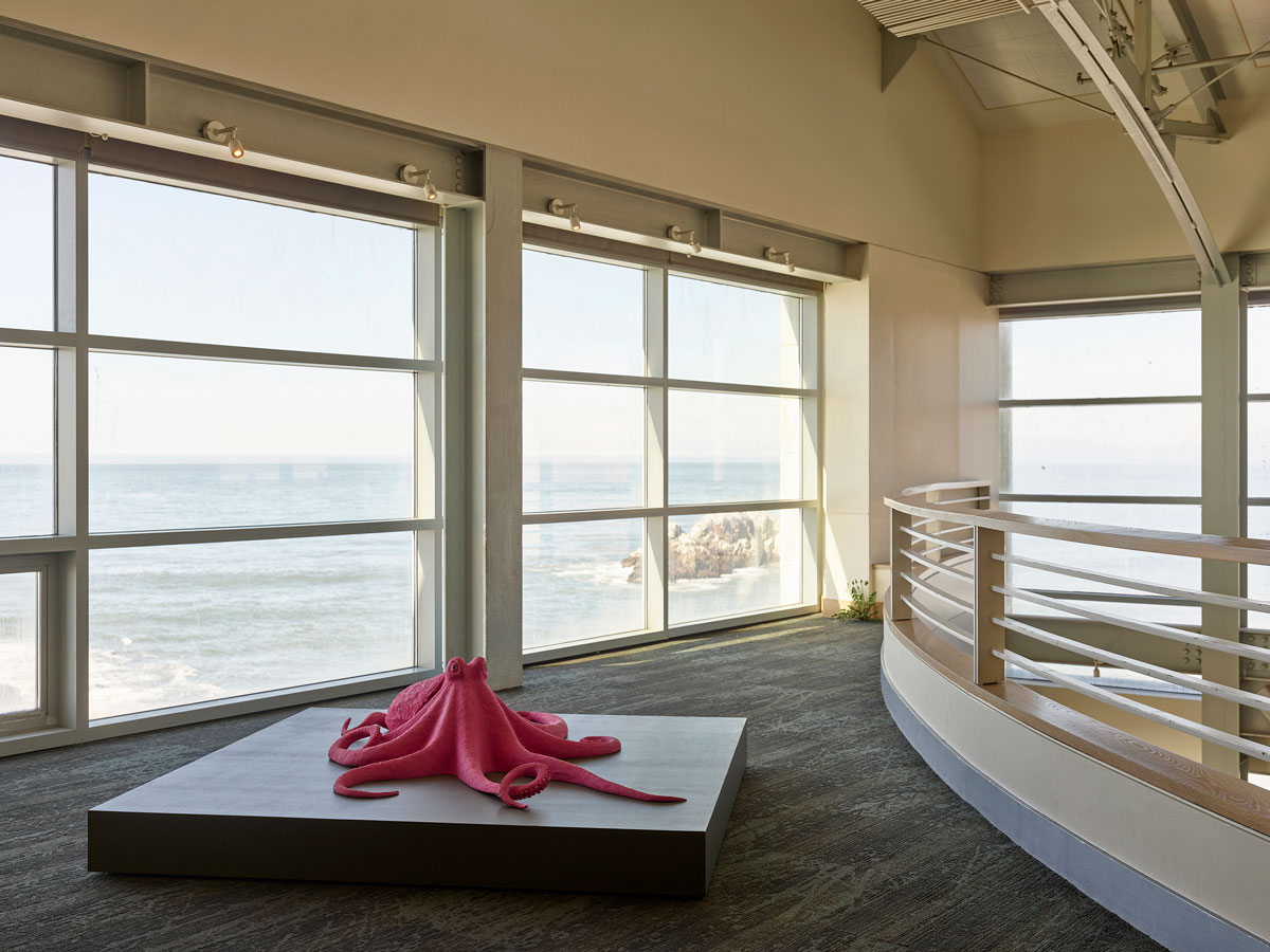 A bright pink octopus sculpture on a low pedestal in front of windows overlooking the ocean.