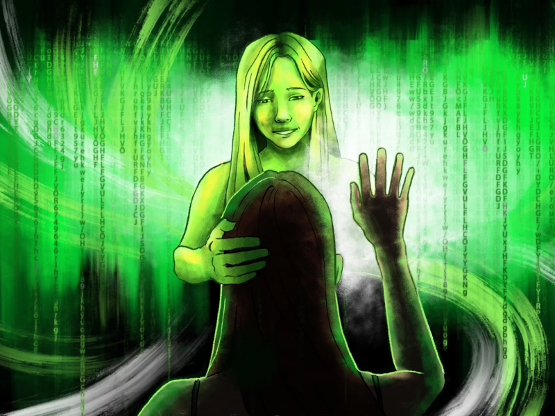 Illustration showing a person gazing into a glowing green Matrix. Their reflection smiles lovingly back.