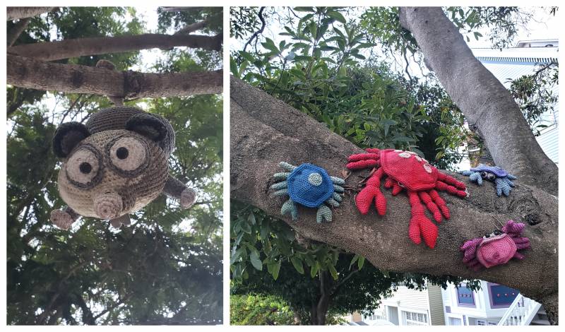 Left: A crocheted sloth with googly eyes hangs upside down from its tail on a tree branch. Right: Blue, red, pink and purple crocheted crabs sit on the side of a tree branch.