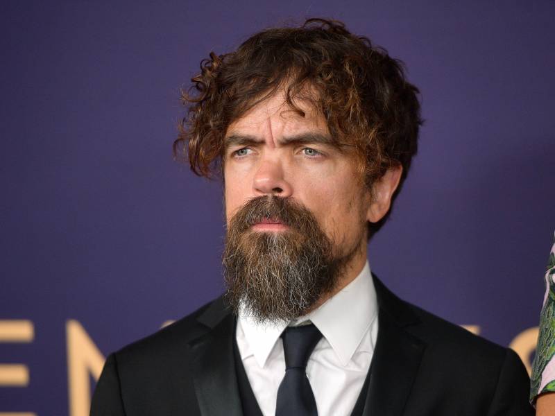 Peter Dinklage looks serious on the red carpet, with a goatee beard and tousled brown hair, while wearing a smart suit with black tie.