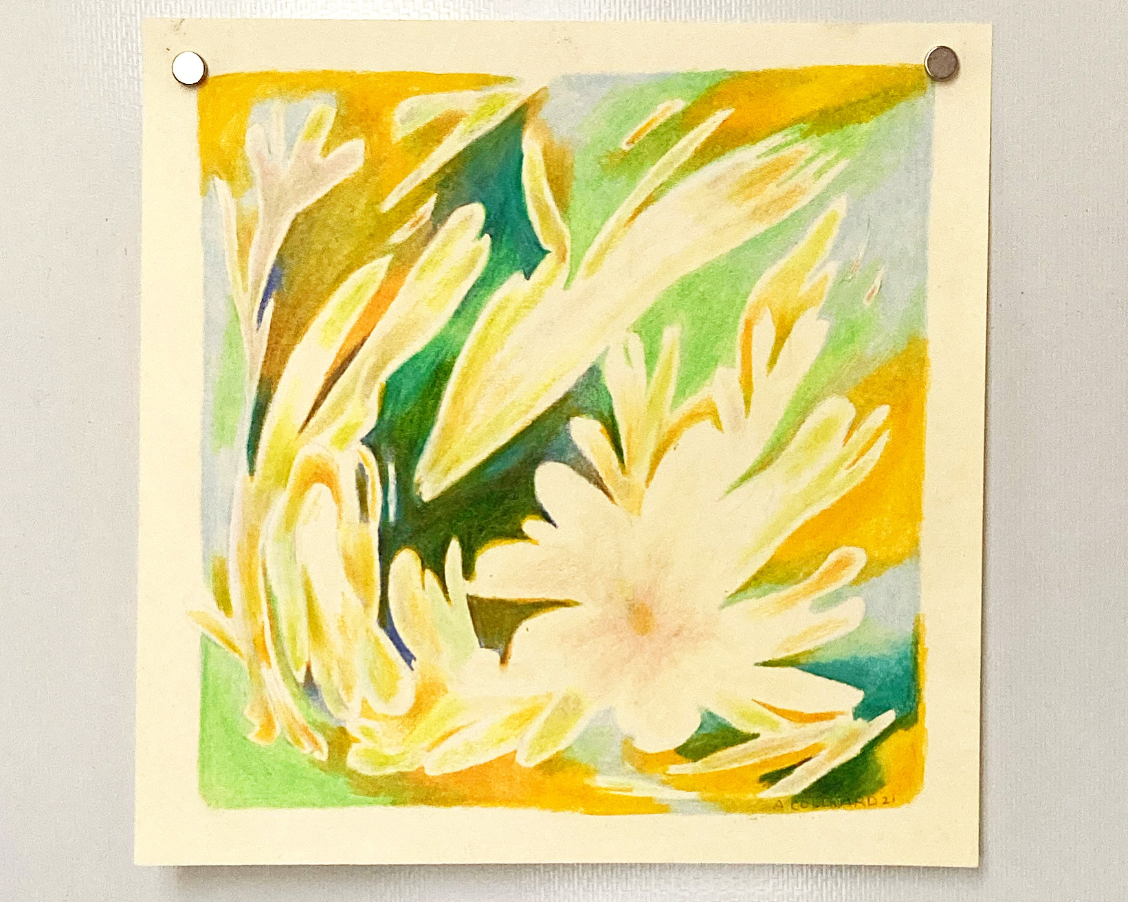 Abstract drawing of flowers in greens and yellows