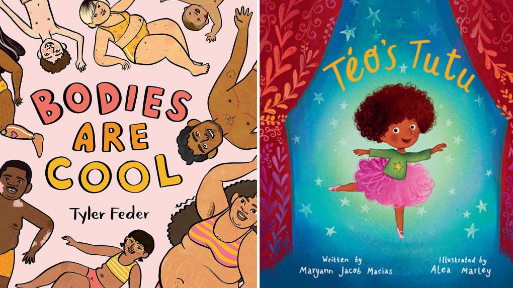 A children's book with a pink background shows bodies of different shapes, sizes and colors; also, A colorful children's book cover shows a young child with an Afro dancing in a tutu