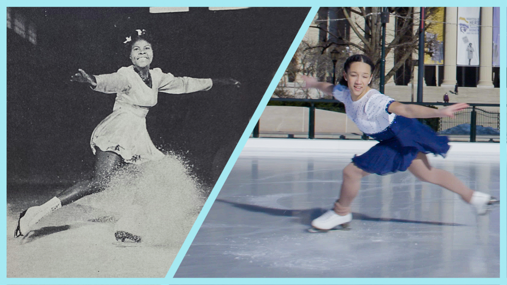 A split image with a black and white photograph of Mabel Fairbanks, a Black and Native figure skater, in her youth shown on the left, and an image of a teenage girl figure skating on the right.