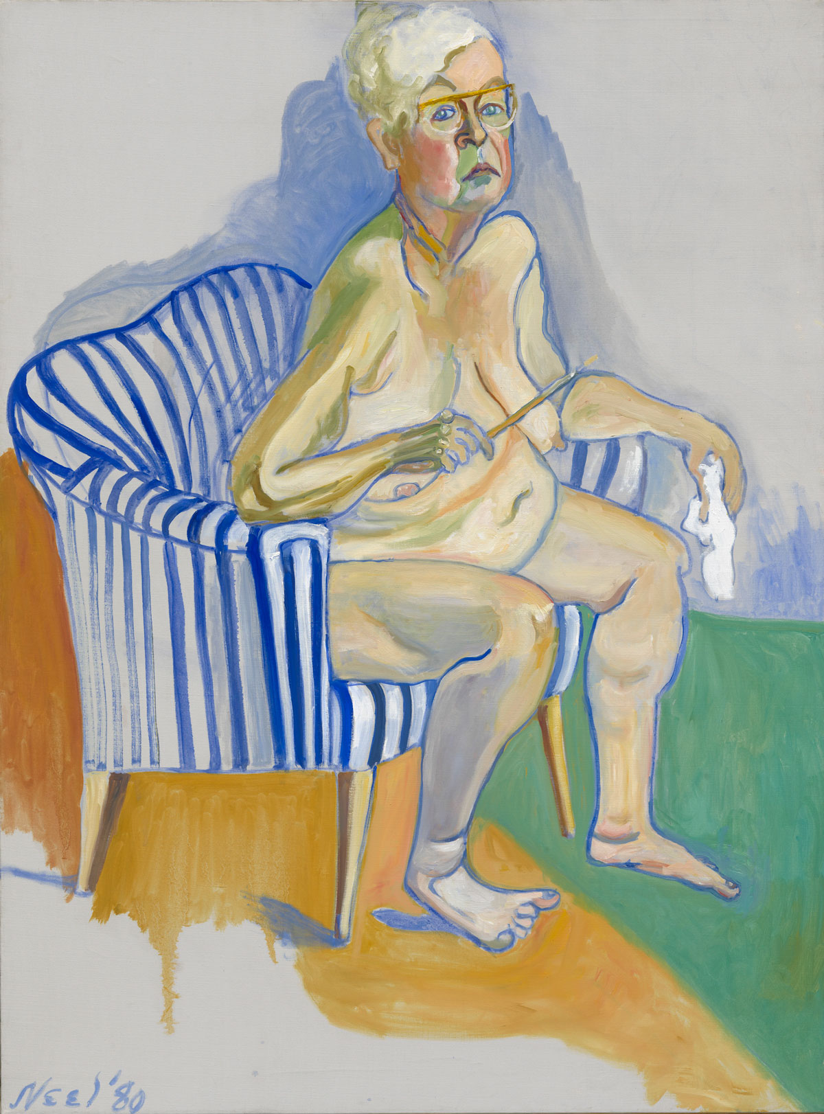 Painting of nude older woman holding paint brush in striped chair