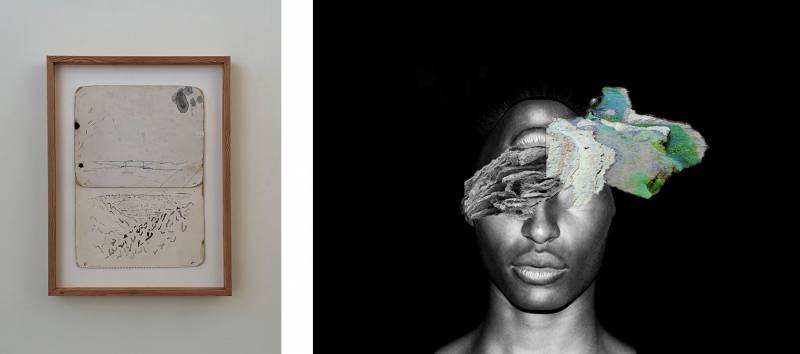 A vertical illustration and a horizontal image of an African American man with digital enhancements, in diptych