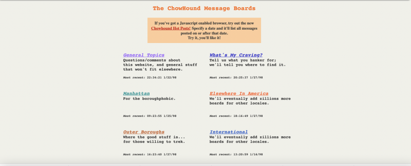 A screenshot of the old, text-only homepage of the Chowhound message board, circa 1998.