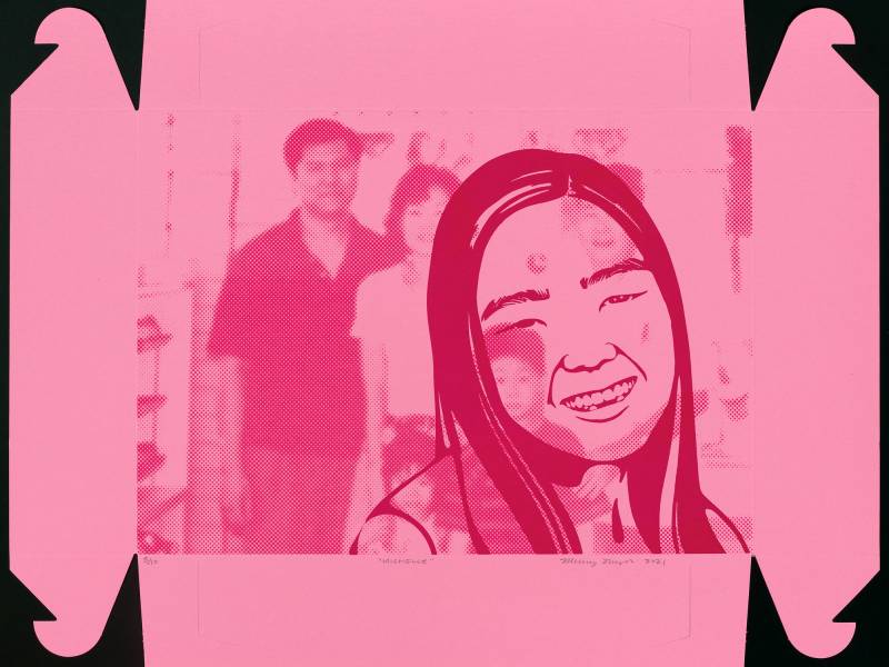 A young woman overlaid on a couple, silkscreened on a pink donut box