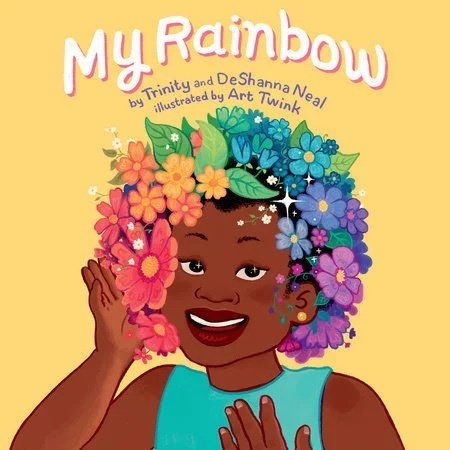 A yellow children's book showing an African-American woman wearing a rainbow flower crown.