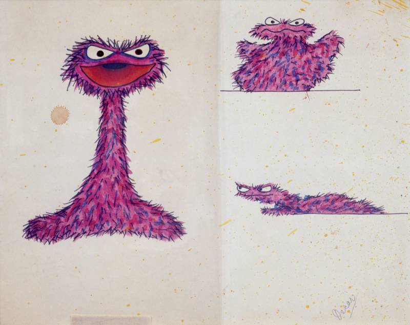a sketch of a pink muppet on paper