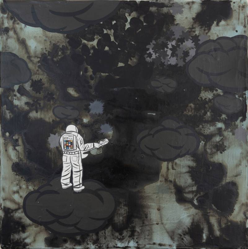 A painting of an astronaut, seen from the back, playing guitar against a dark landscape.