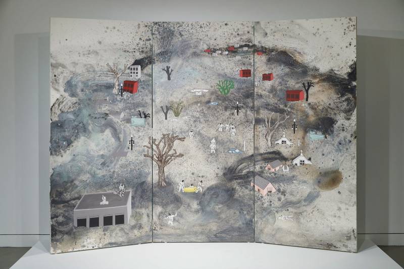 A trifold painting depicting astronauts in a flood, reminiscent of scenes from Hurricane Katrina in New Orleans.
