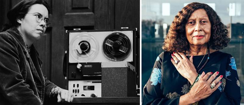 A young woman with glasses sits at a tape machine; An African-American woman in her 60s or 70s smiles at the camera, wearing a black and blue patterned shirt.
