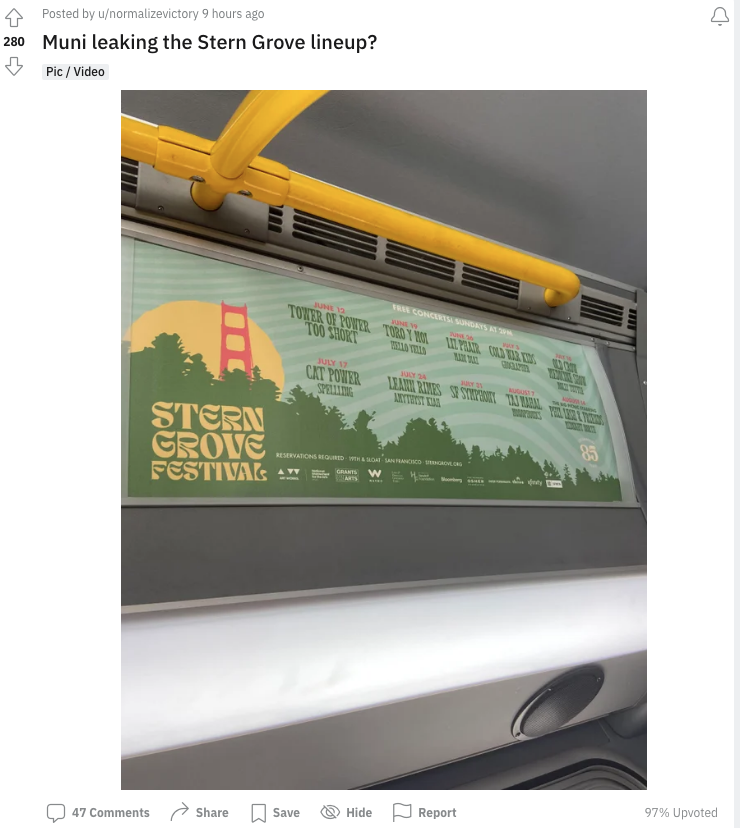 A screenshot of the Reddit posting from Friday, April 22, showing an advertisement for Stern Grove's 2022 lineup with Too Short, Cat Power, Liz Phair, Phil Lesh and others.