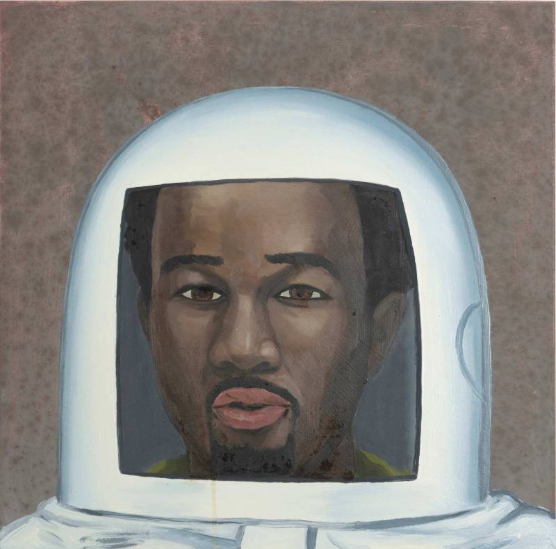 A painting of an African-American man's face inside an astronaut helmet.