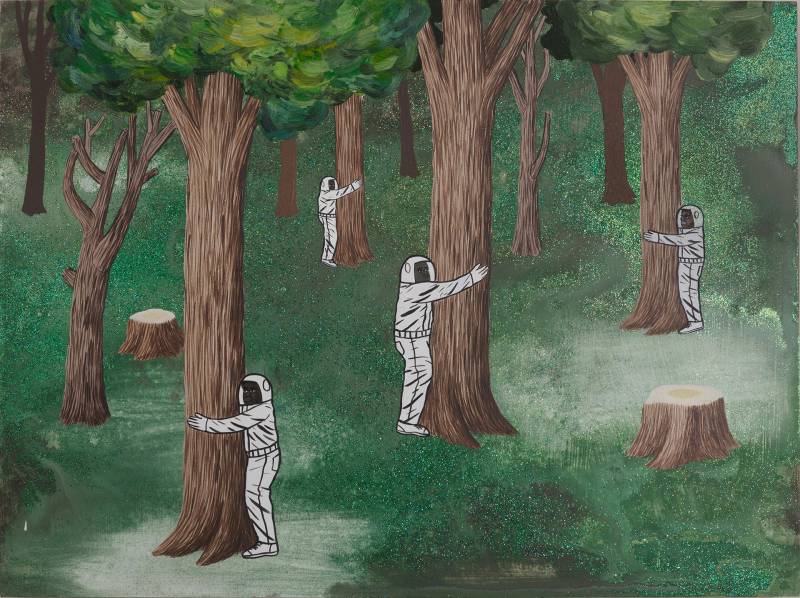 A painting showing African American astronauts hugging trees against a green background.