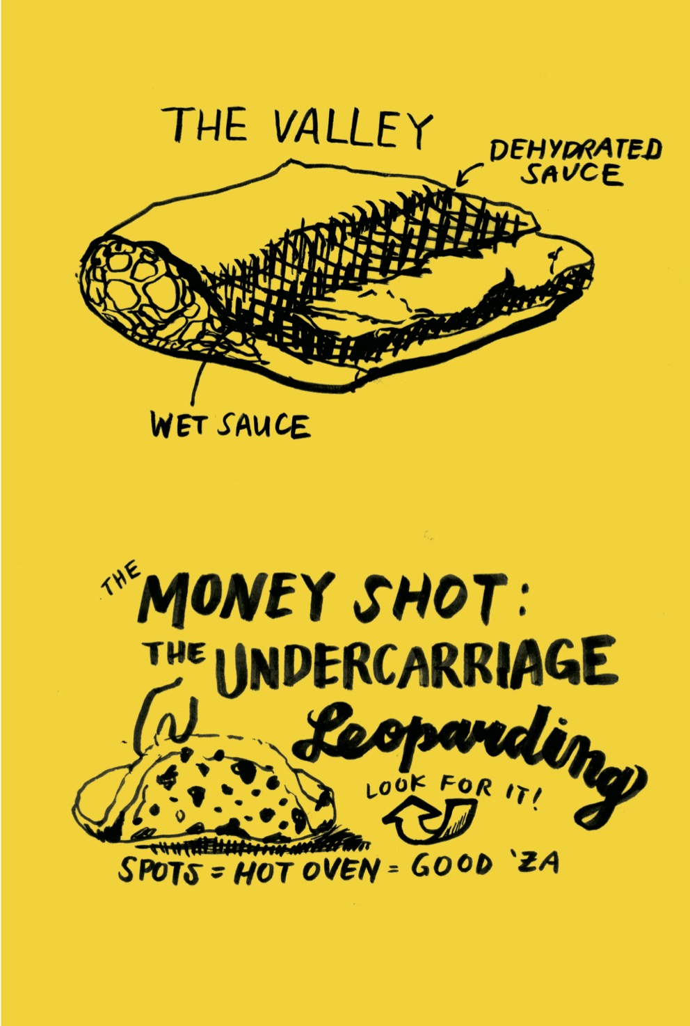 Two illustrations of a slice of pizza, one showing the "valley" of wet and dehydrated sauce under the crust, the other showing the "money shot" of the spotted undercarriage.