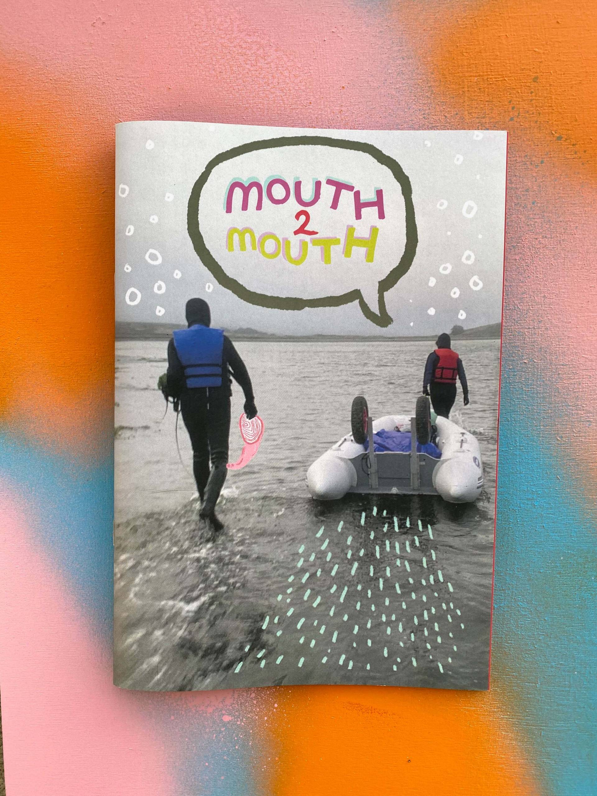 The cover of the Mouth2Mouth zine, with a photo illustration of two women in wetsuits digging for clams.