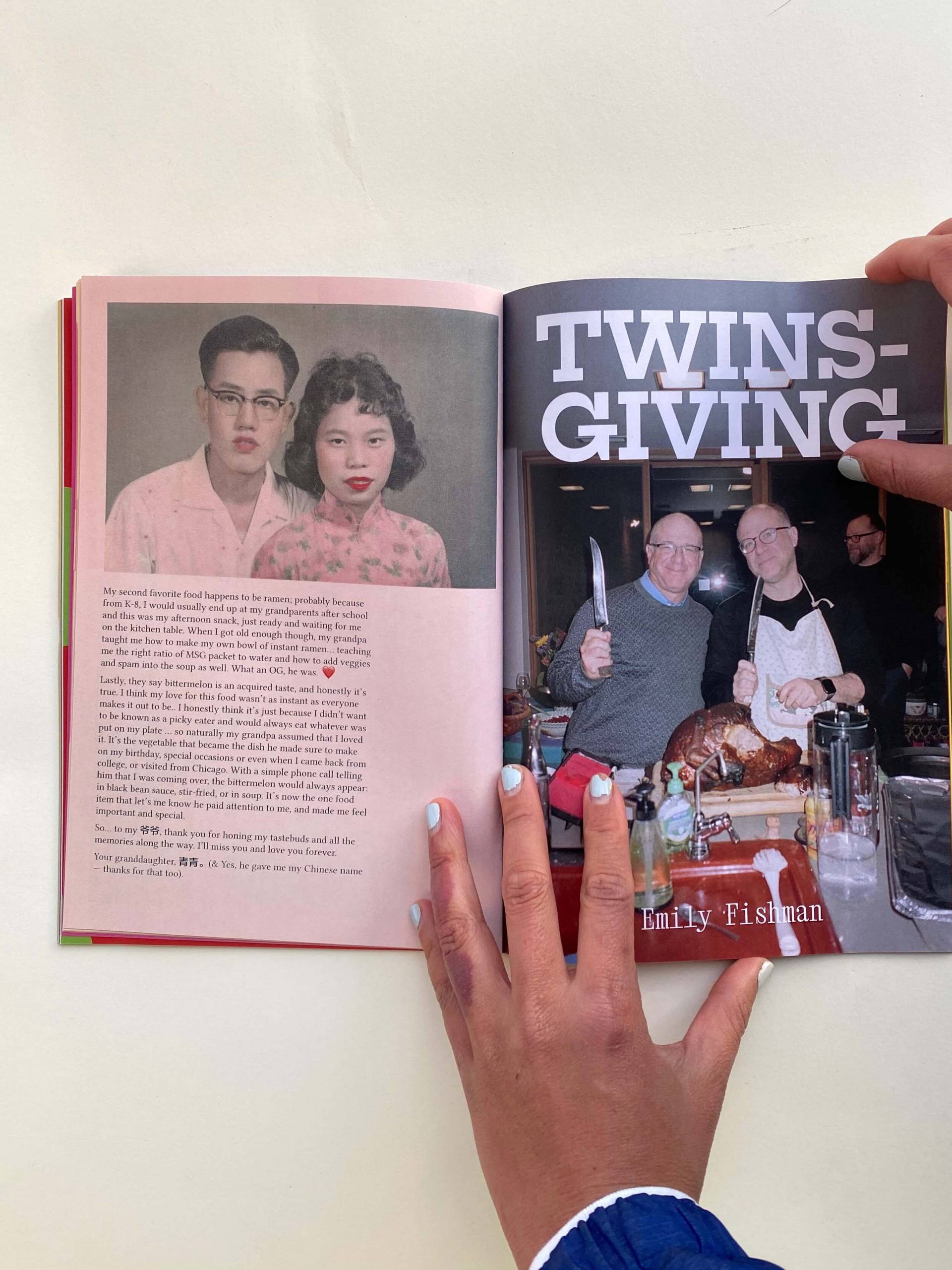 The zine open to a spread that shows an vintage photo of an Asian couple on one side and the beginning of a photo essay called "Twinsgiving" on the other.