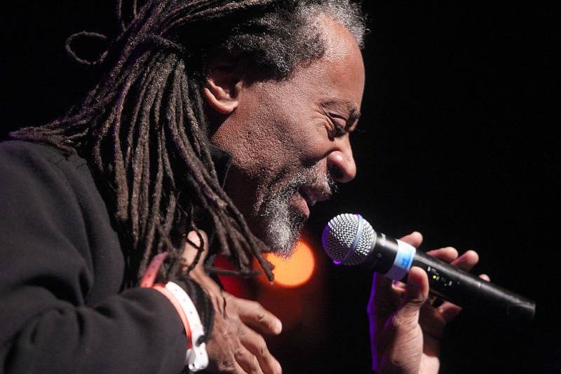 AN African American man with dreadlocks sings into a microphone