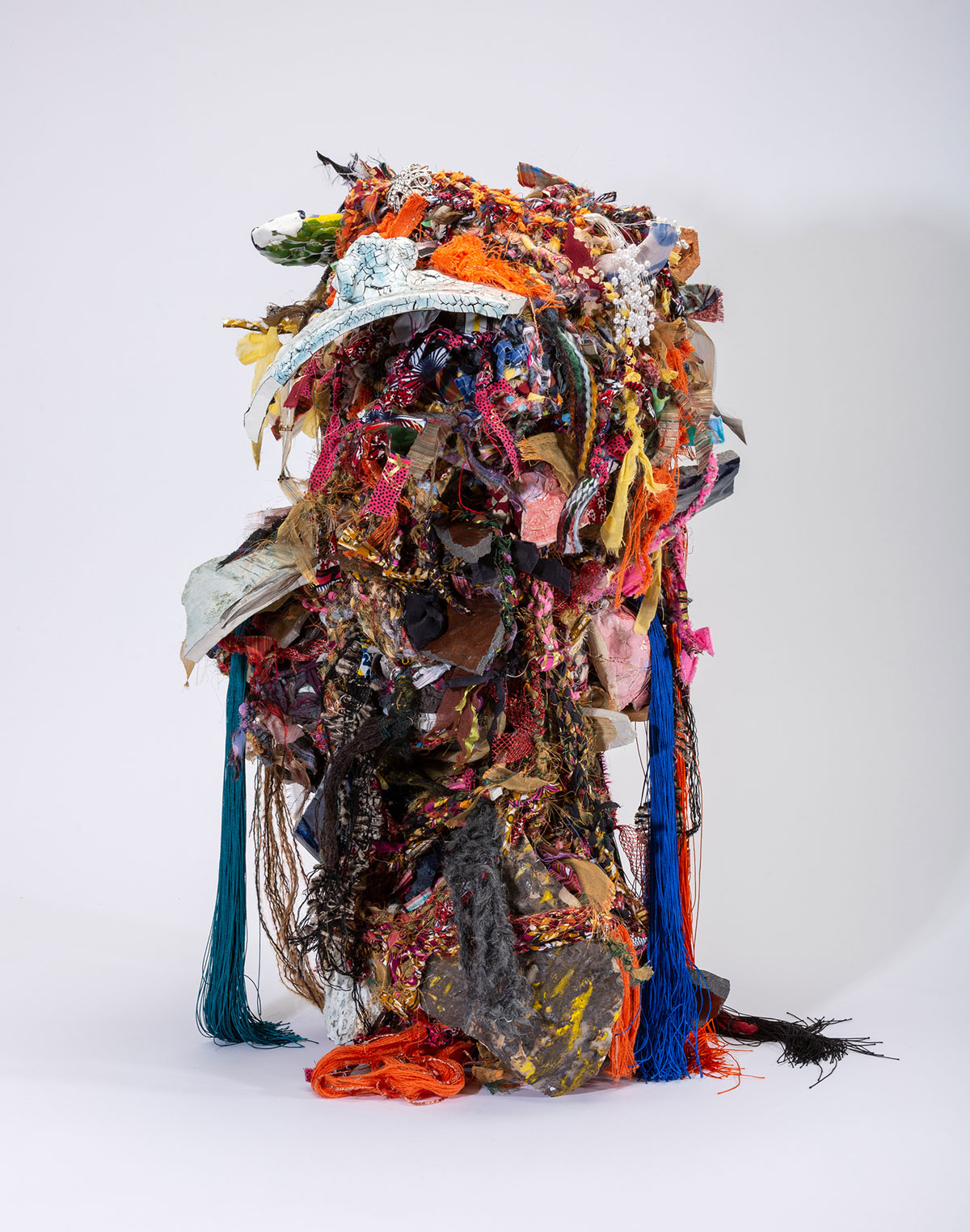 Sculpture that looks like a tangle of multicolored fabric strips