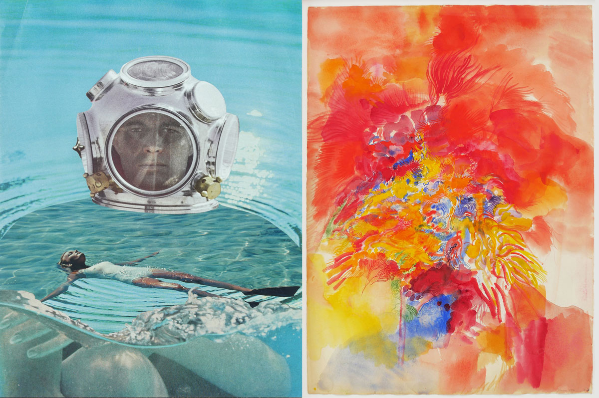Composite image of blue-hued collage on left and red flowery painting on right