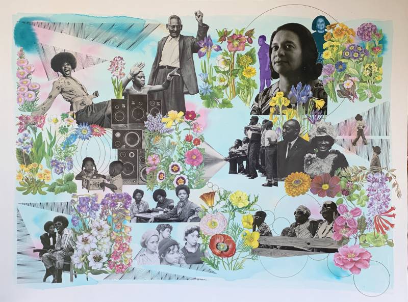 a collage of black and white photos, depicting Black artists featured throughout the Raw Material podcast series. They are on a bluish background and surrounded by flowers.