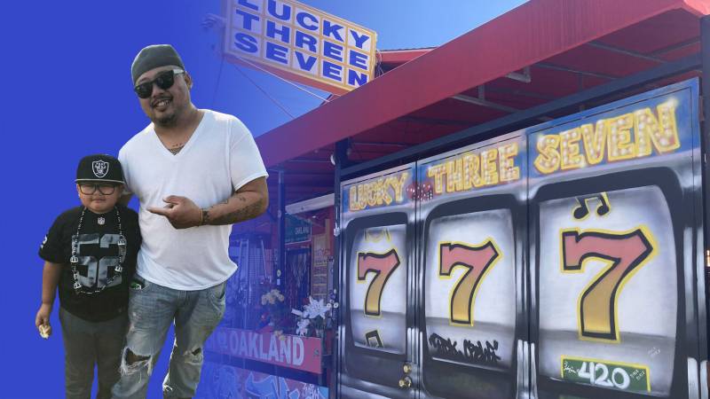 Image of a man and his son, overlaid over a background photo of Lucky Three Seven restaurant, with its jackpot-themed mural.