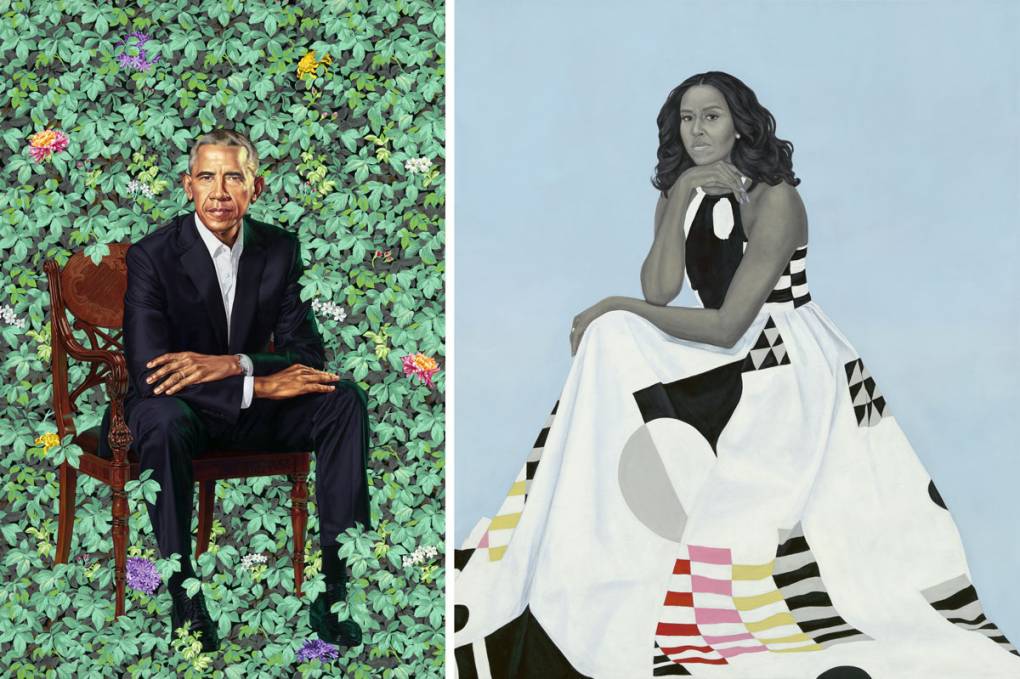 Oil paintings of Barack Obama and Michelle Obama side by side