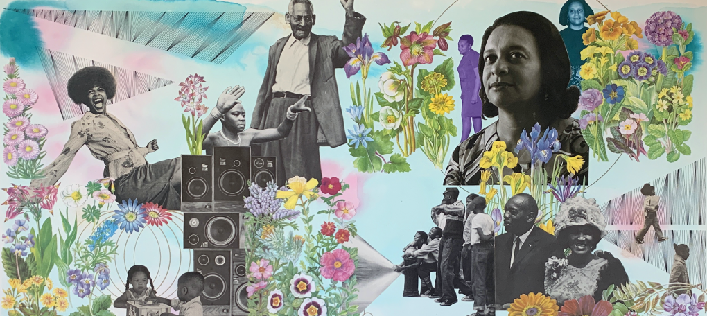 A collage of black and white photos, depicting Black artists featured throughout the Raw Material podcast series. They are on a bluish background and surrounded by flowers.