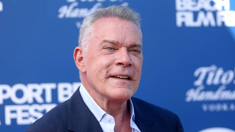 A smiling Ray Liotta, stands on a red carpet in front of a blue backdrop.