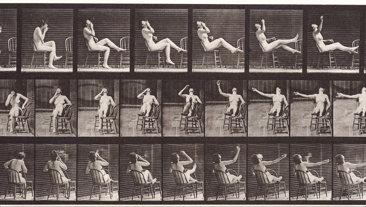 Three rows of black-and-white images of different angles of nude woman sitting in chair smoking
