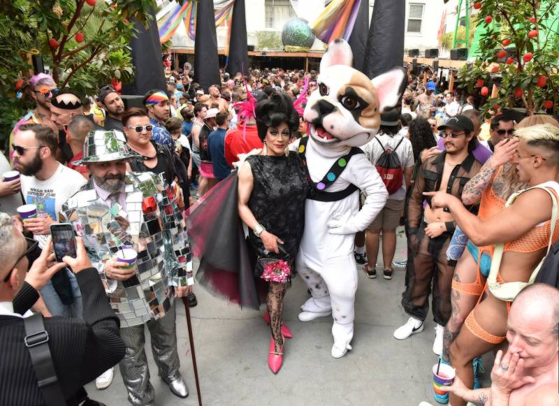 Crowd with drag queen and furry in dog costume at center