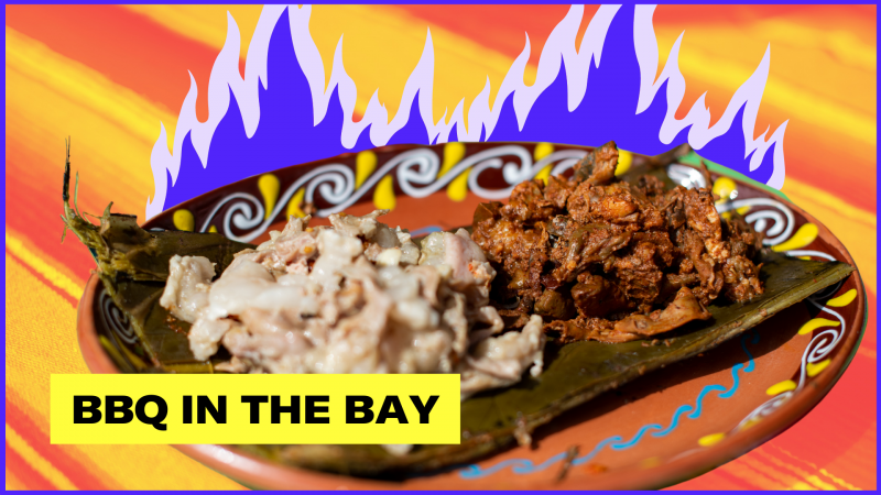 Plate with two different styles of barbacoa, white and red. Behind the plate are stylized, illustrated blue flames. Text reads, "BBQ in the Bay."